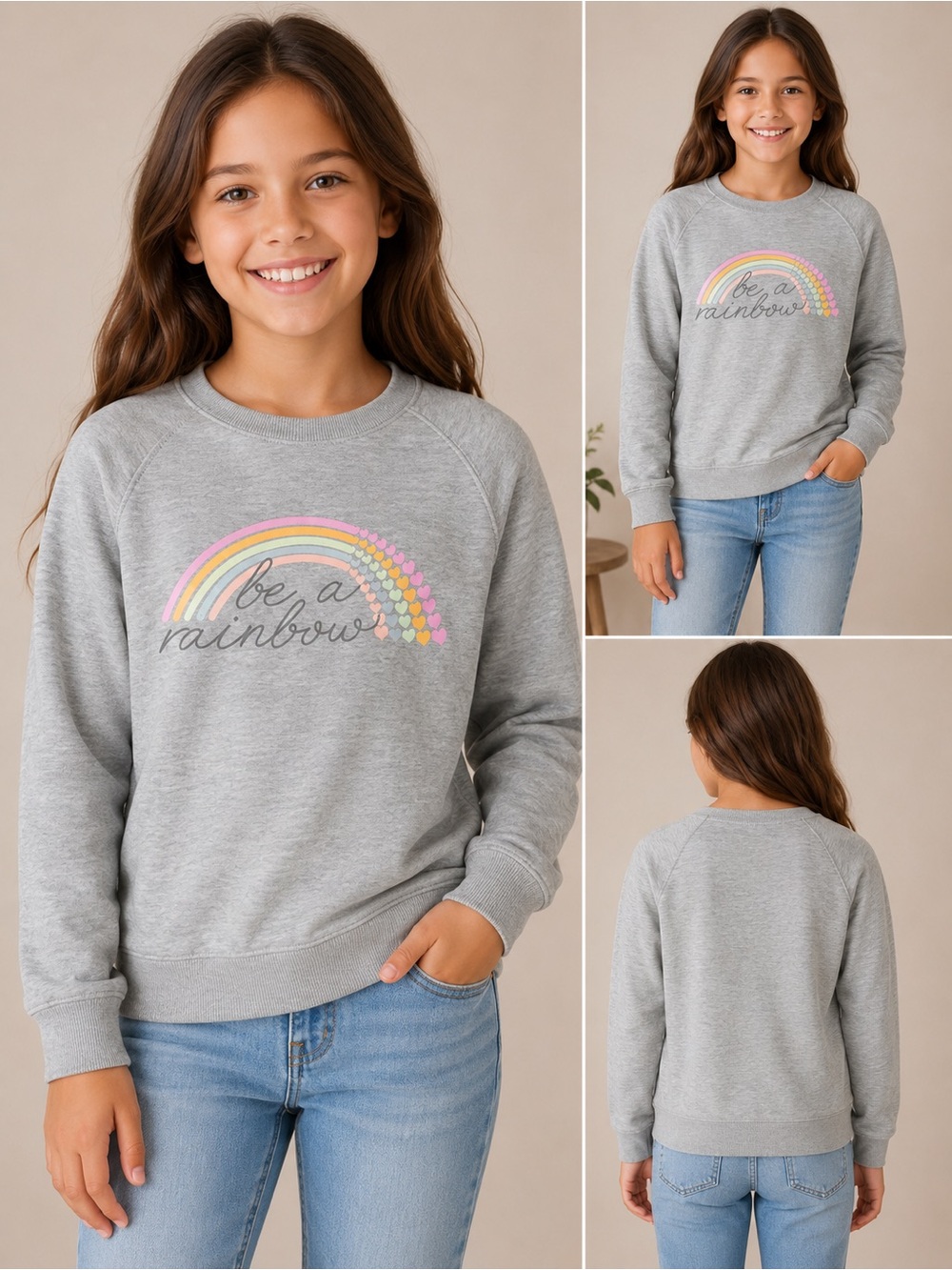 Girls “Be a Rainbow” Grey Sweatshirt Size 10 🌈